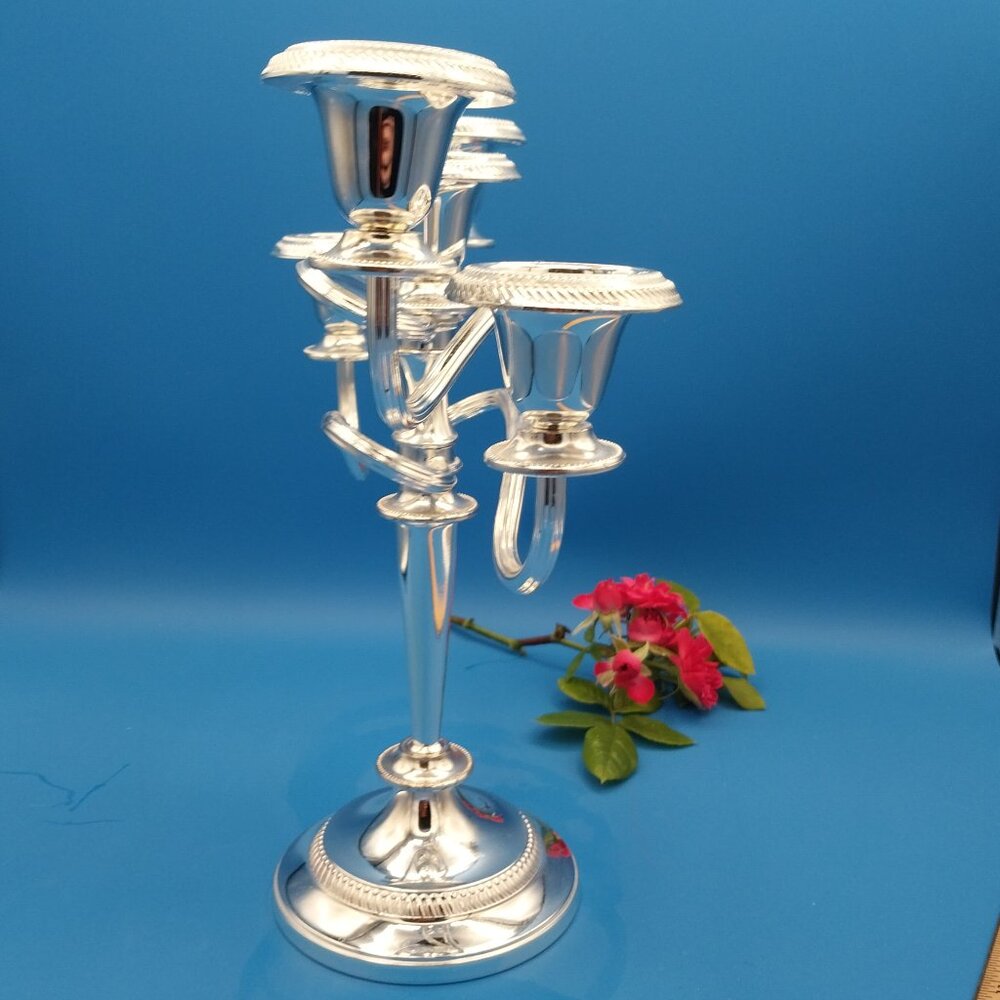 Vtg silver tone five light candelabra, candle holder - Picture 8 of 8